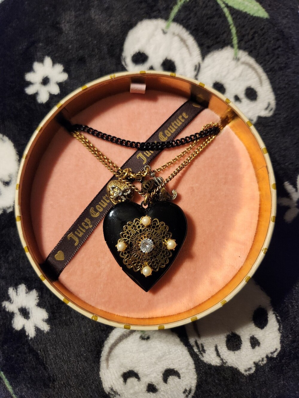 Juicy Couture Black and Gold Heart Locket Necklace with Pearl Accents